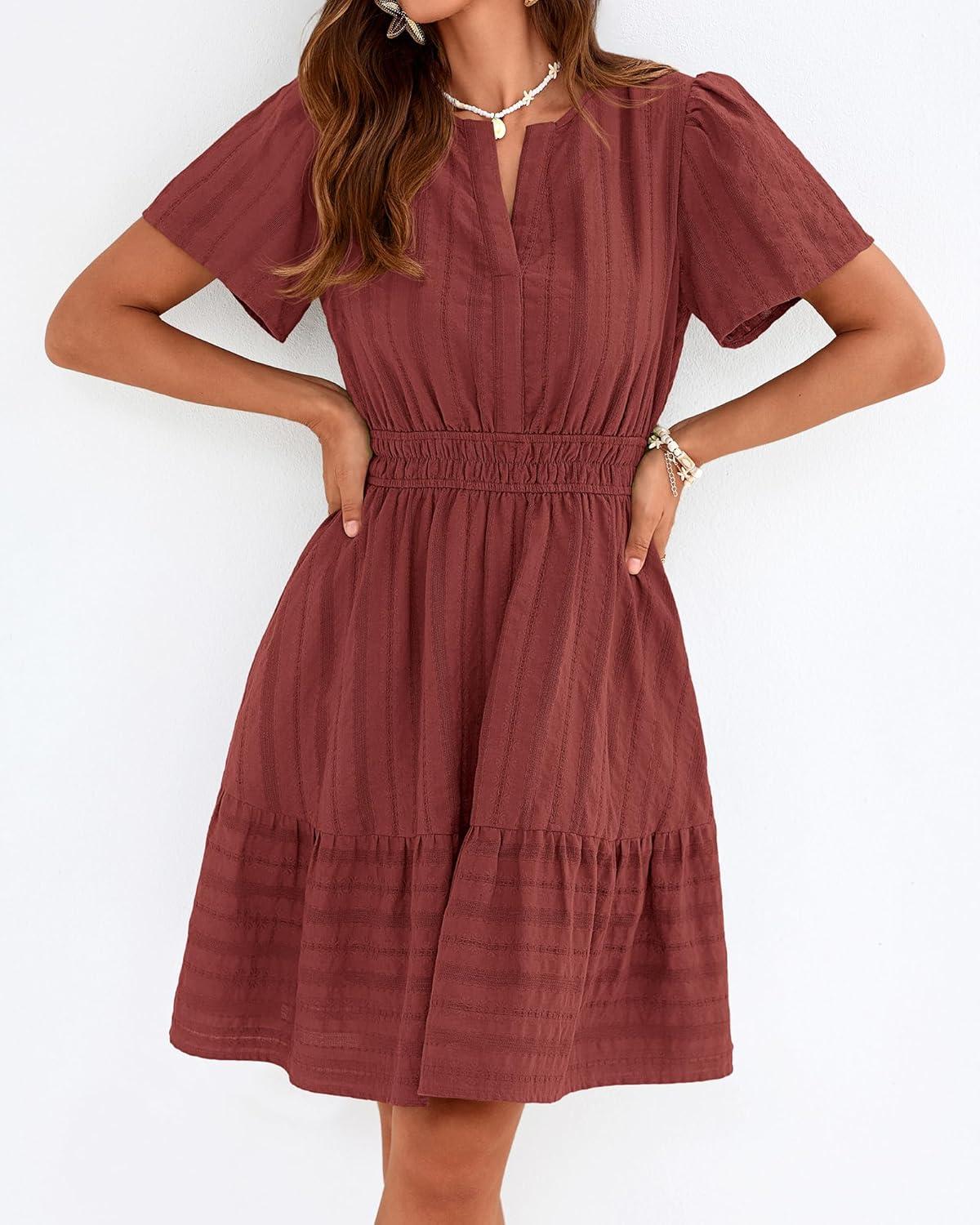 imageBTFBM Womens Spring 2026 Casual Mini Dresses Lightweight Short Sleeve V Neck Elastic Waist Cute Boho Beach Dress PocketsBrown Red