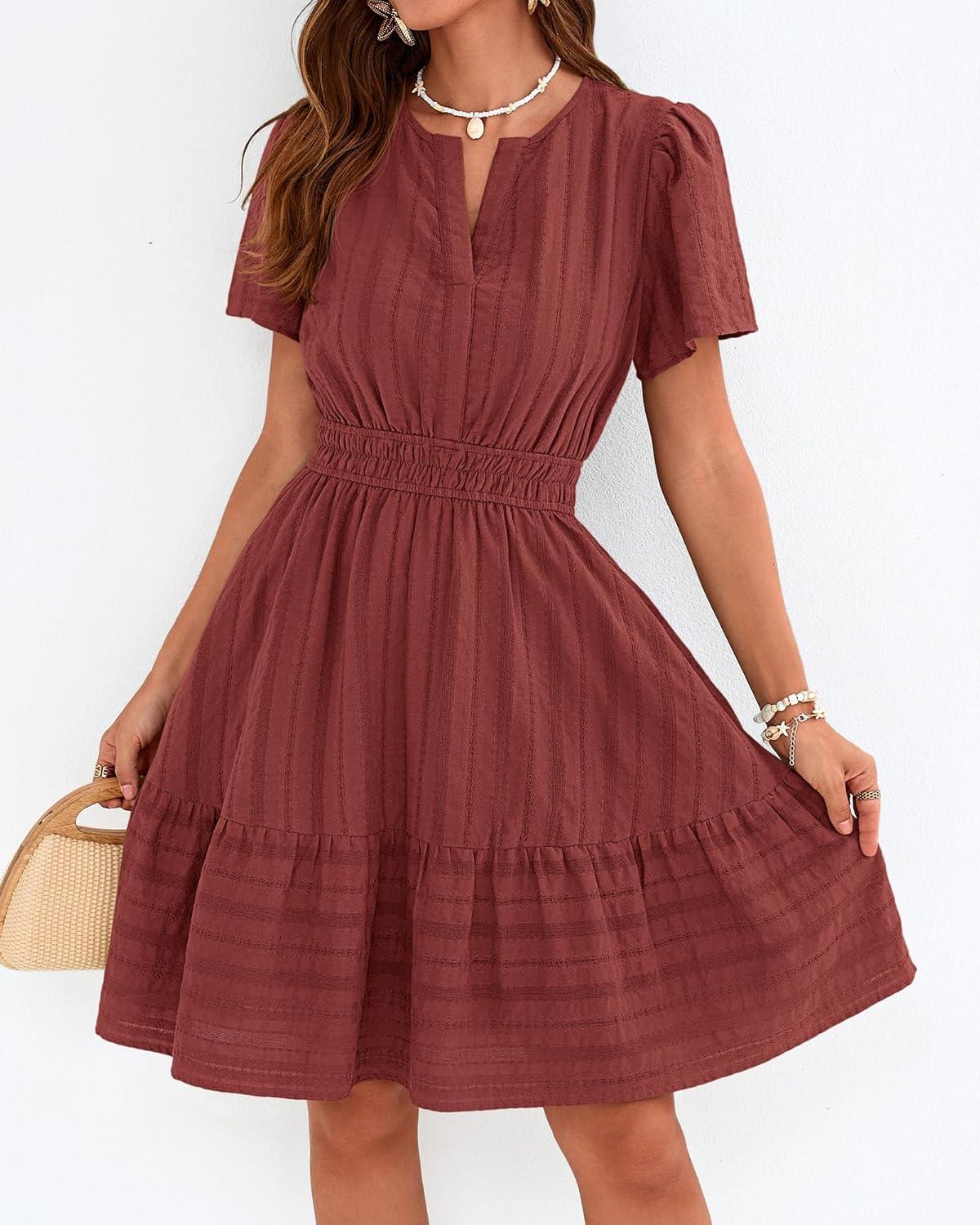 imageBTFBM Womens Spring 2026 Casual Mini Dresses Lightweight Short Sleeve V Neck Elastic Waist Cute Boho Beach Dress PocketsBrown Red