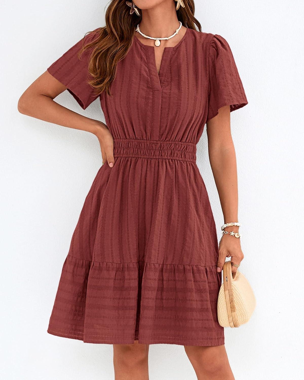 imageBTFBM Womens Spring 2026 Casual Mini Dresses Lightweight Short Sleeve V Neck Elastic Waist Cute Boho Beach Dress PocketsBrown Red
