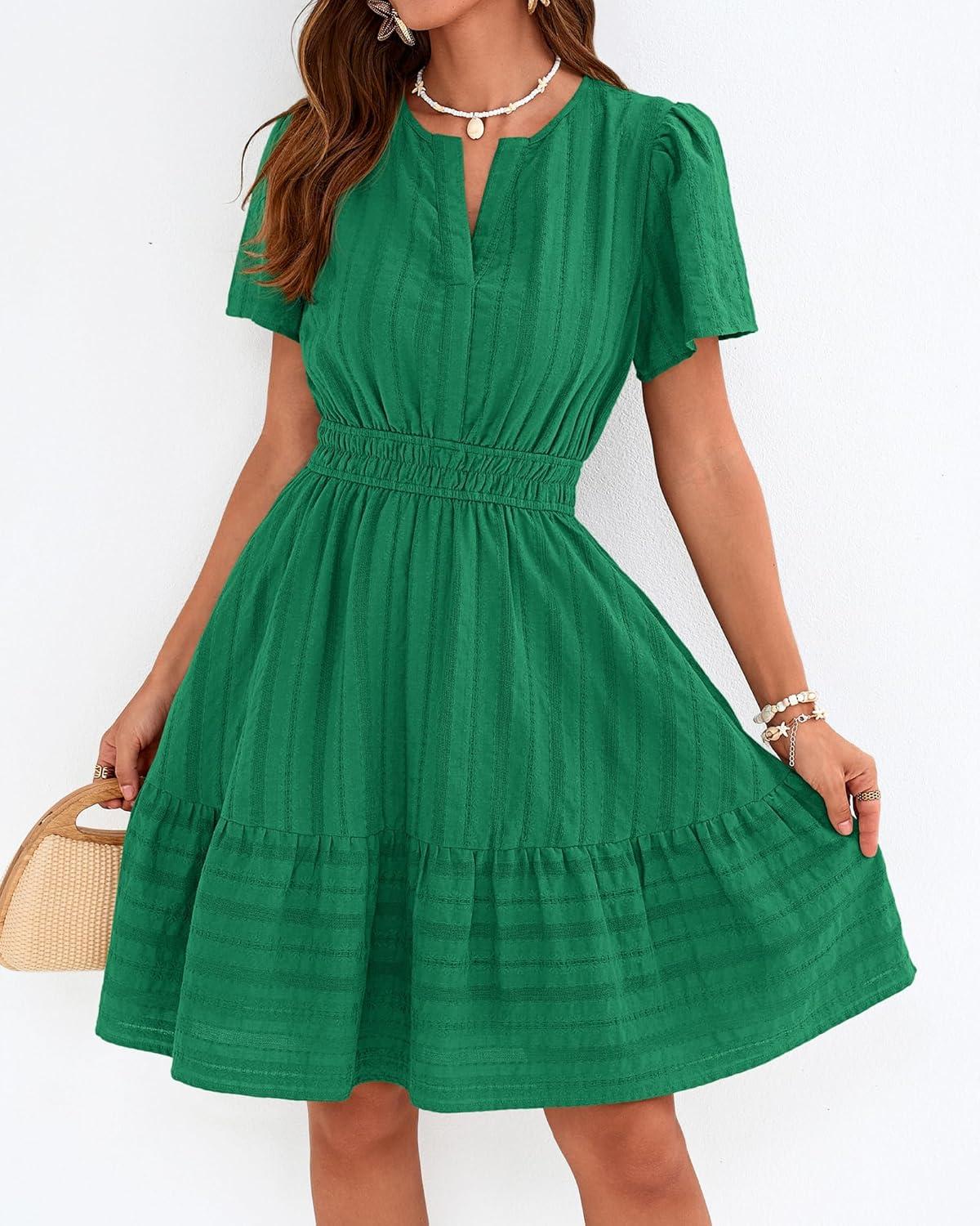 imageBTFBM Womens Spring 2026 Casual Mini Dresses Lightweight Short Sleeve V Neck Elastic Waist Cute Boho Beach Dress PocketsDark Green