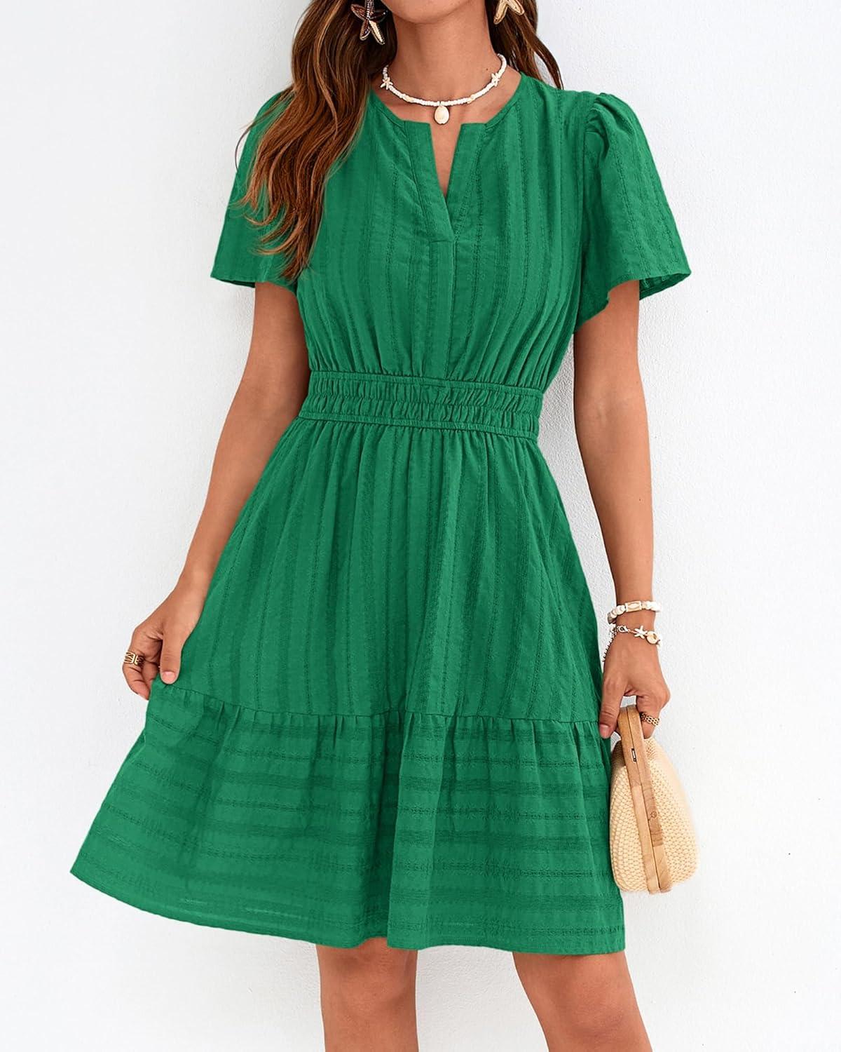 imageBTFBM Womens Spring 2026 Casual Mini Dresses Lightweight Short Sleeve V Neck Elastic Waist Cute Boho Beach Dress PocketsDark Green