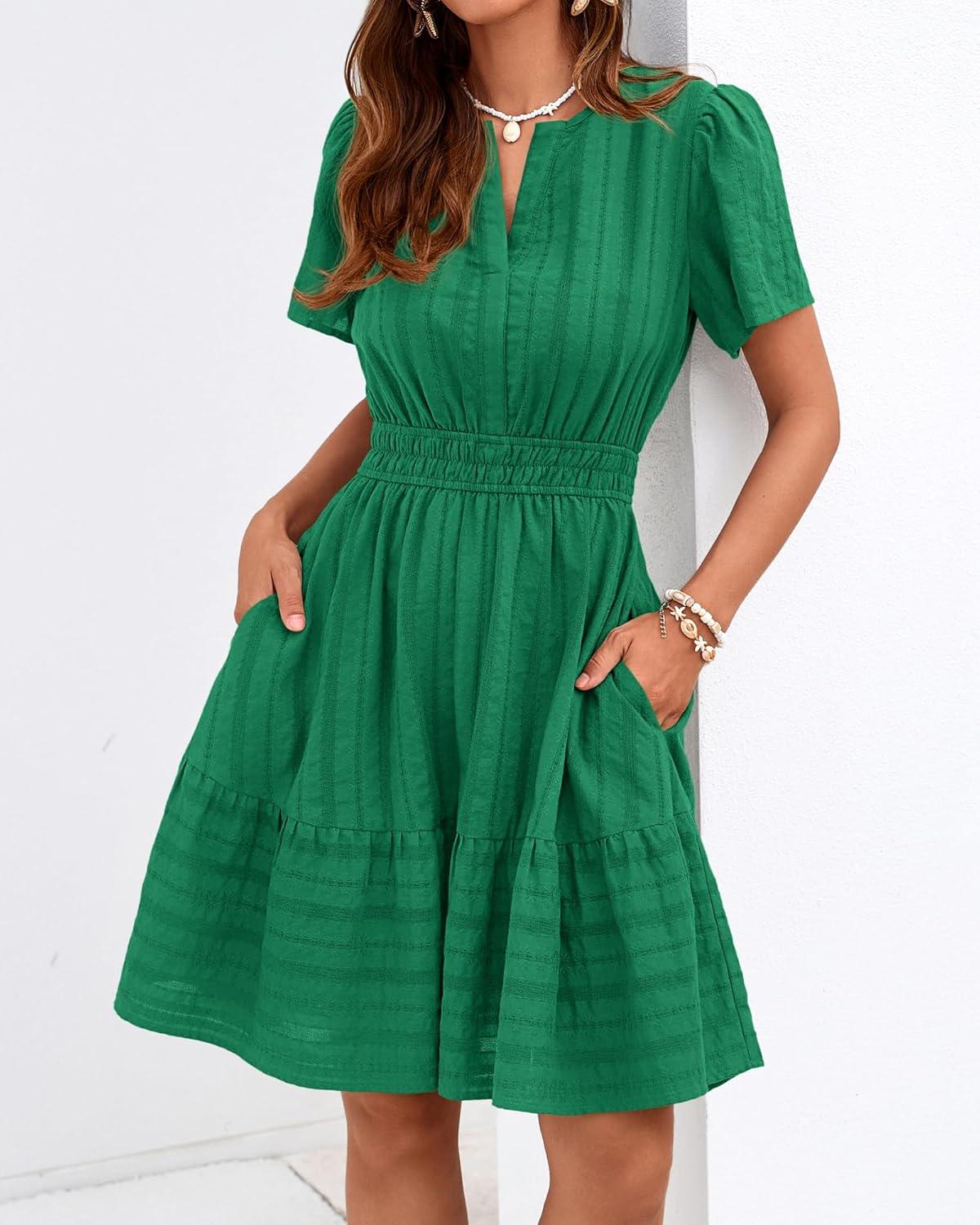 imageBTFBM Womens Spring 2026 Casual Mini Dresses Lightweight Short Sleeve V Neck Elastic Waist Cute Boho Beach Dress PocketsDark Green