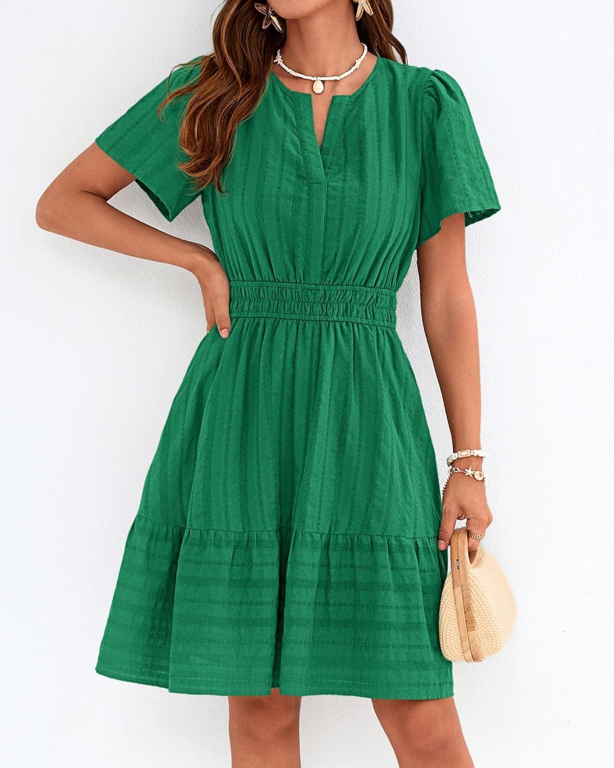 imageBTFBM Womens Spring 2026 Casual Mini Dresses Lightweight Short Sleeve V Neck Elastic Waist Cute Boho Beach Dress PocketsDark Green