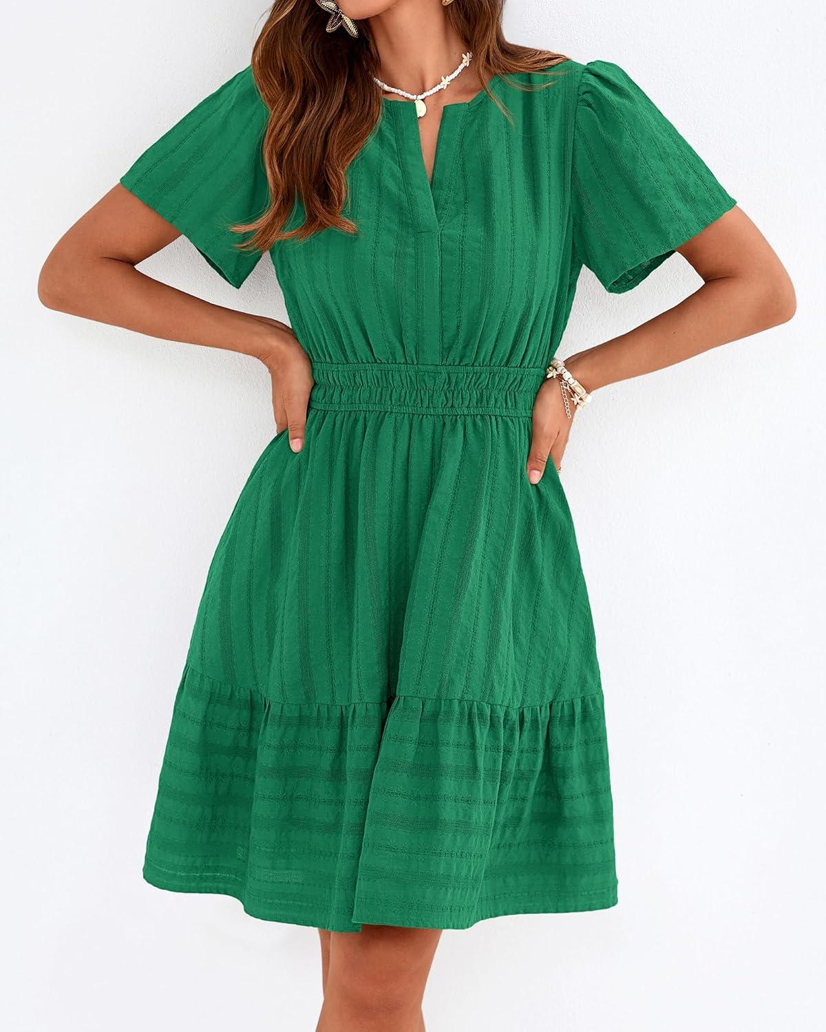 imageBTFBM Womens Spring 2026 Casual Mini Dresses Lightweight Short Sleeve V Neck Elastic Waist Cute Boho Beach Dress PocketsDark Green