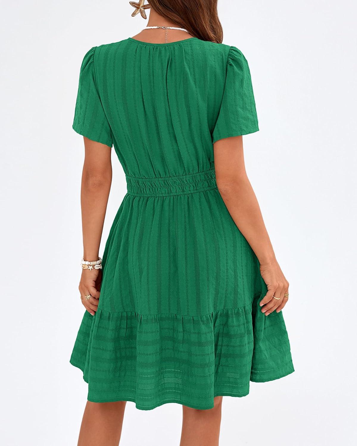 imageBTFBM Womens Spring 2026 Casual Mini Dresses Lightweight Short Sleeve V Neck Elastic Waist Cute Boho Beach Dress PocketsDark Green