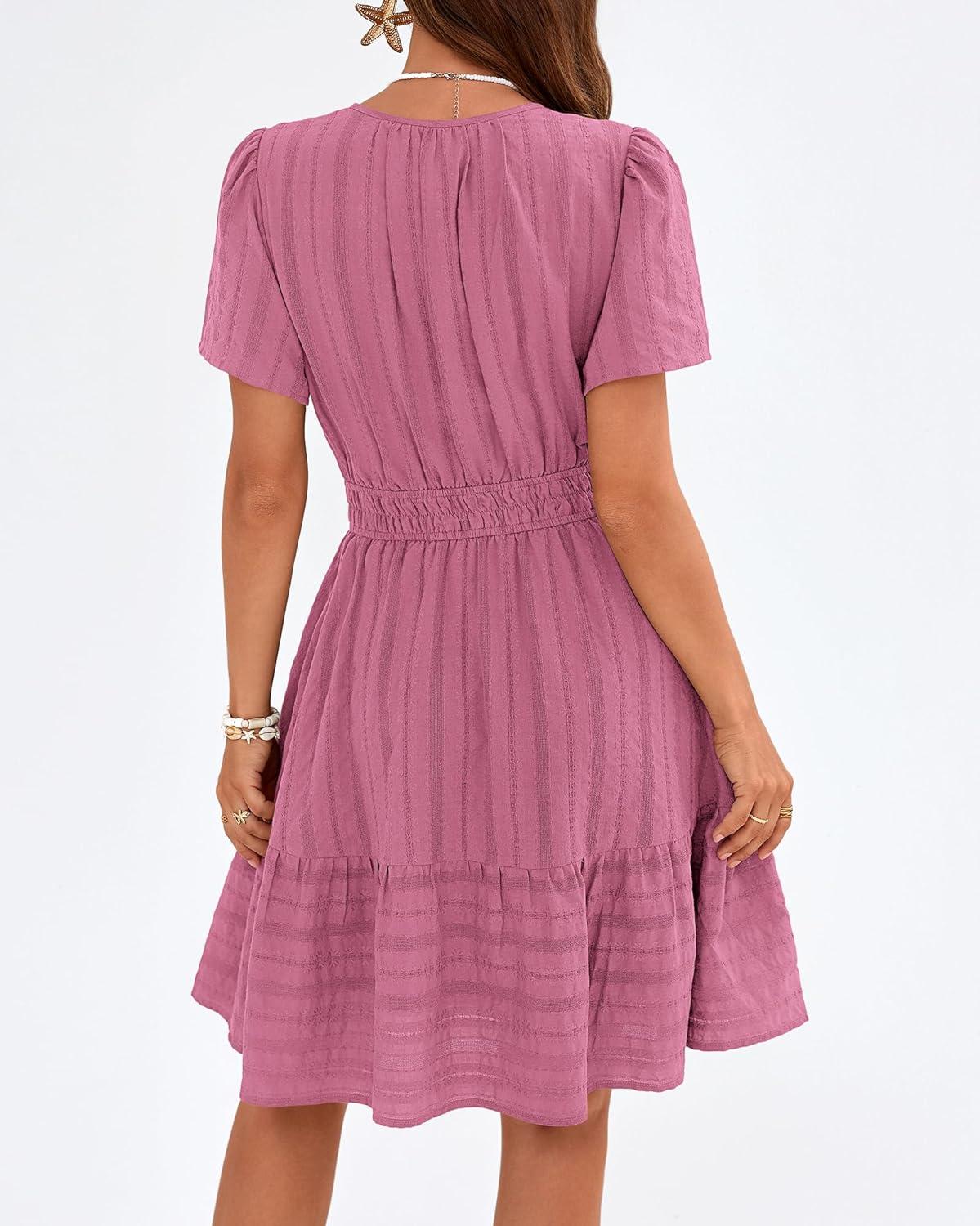 imageBTFBM Womens Spring 2026 Casual Mini Dresses Lightweight Short Sleeve V Neck Elastic Waist Cute Boho Beach Dress PocketsDusty Pink