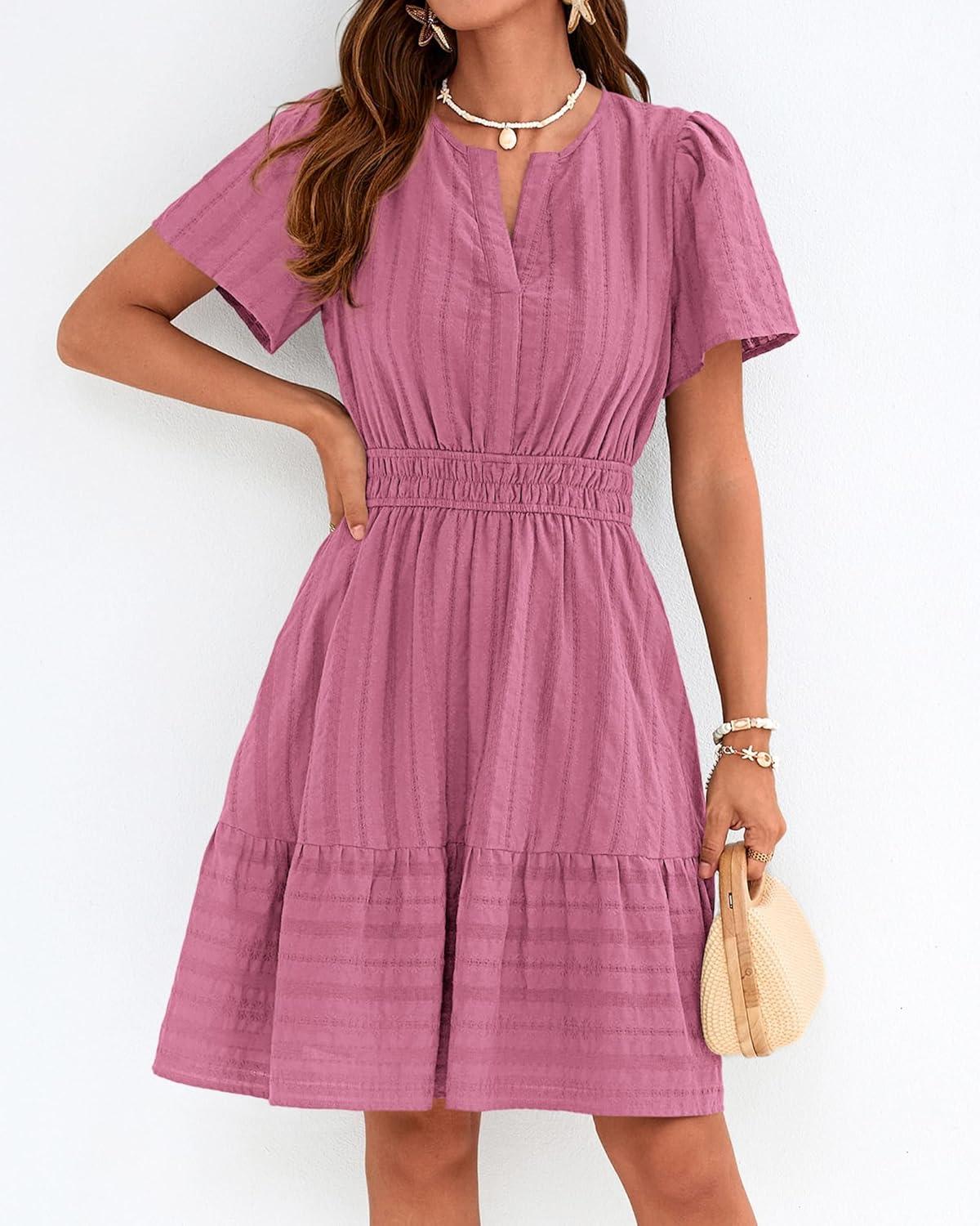 imageBTFBM Womens Spring 2026 Casual Mini Dresses Lightweight Short Sleeve V Neck Elastic Waist Cute Boho Beach Dress PocketsDusty Pink