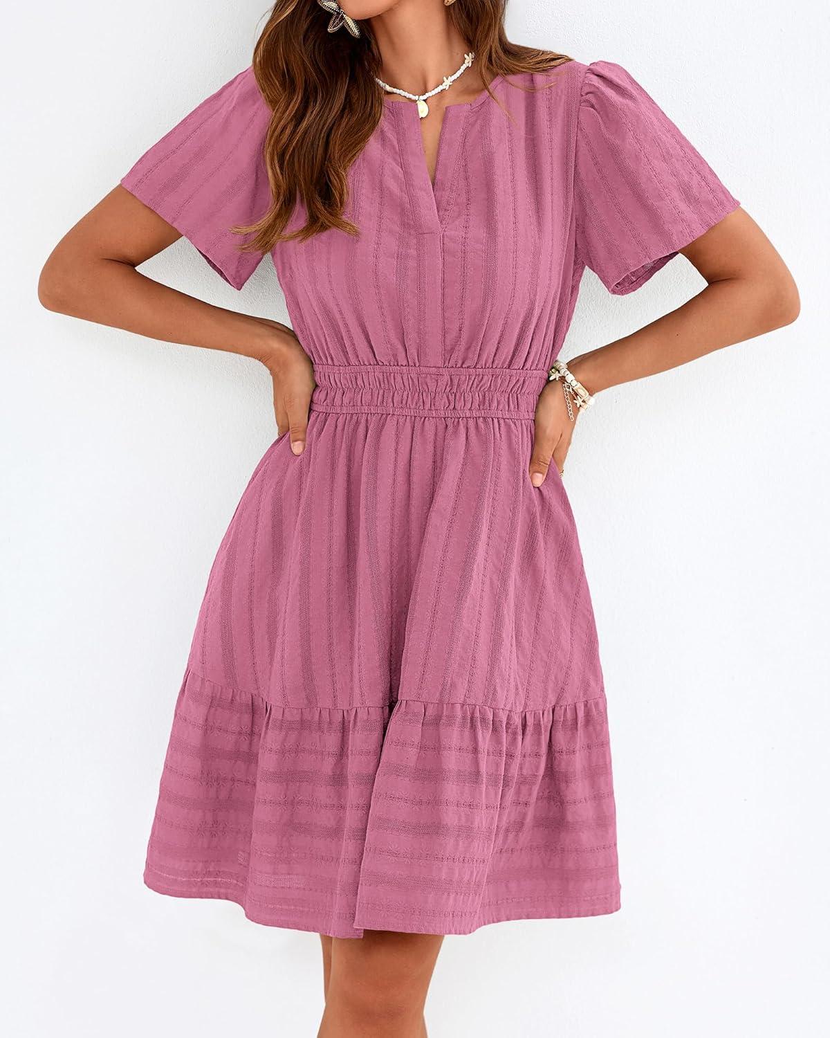imageBTFBM Womens Spring 2026 Casual Mini Dresses Lightweight Short Sleeve V Neck Elastic Waist Cute Boho Beach Dress PocketsDusty Pink