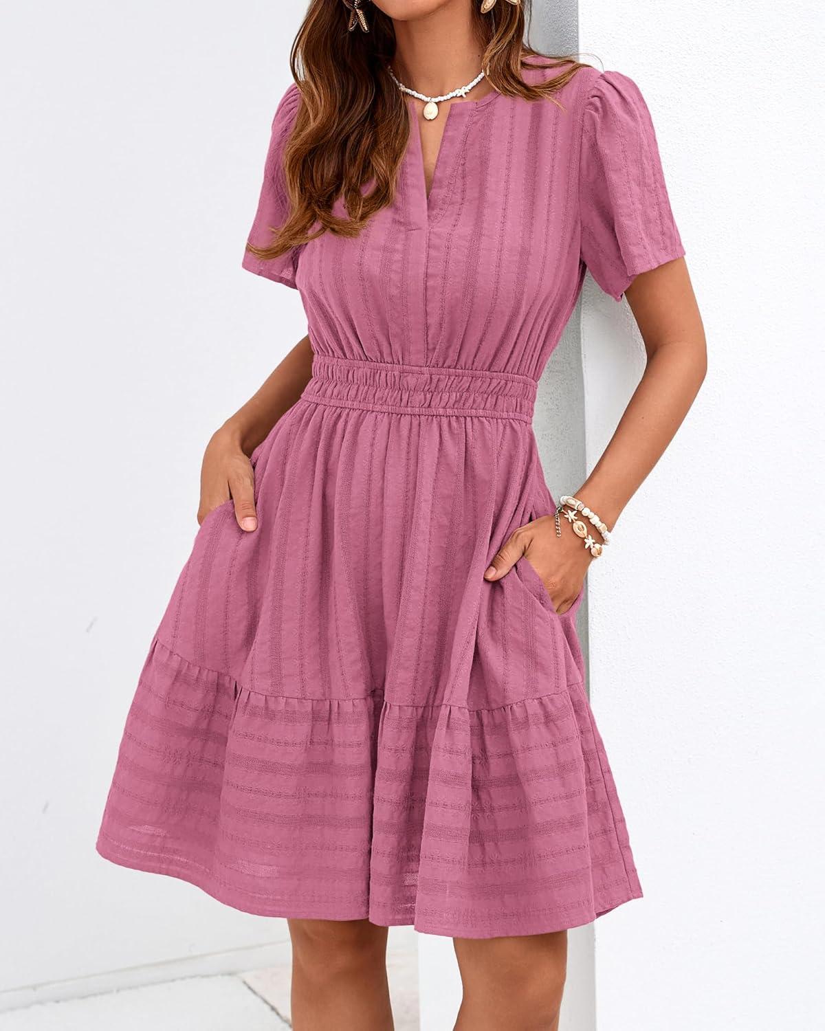 imageBTFBM Womens Spring 2026 Casual Mini Dresses Lightweight Short Sleeve V Neck Elastic Waist Cute Boho Beach Dress PocketsDusty Pink