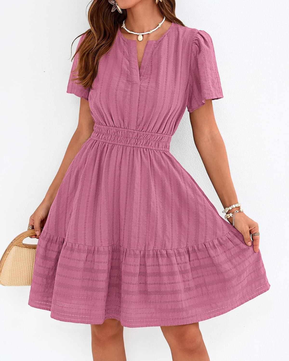 imageBTFBM Womens Spring 2026 Casual Mini Dresses Lightweight Short Sleeve V Neck Elastic Waist Cute Boho Beach Dress PocketsDusty Pink