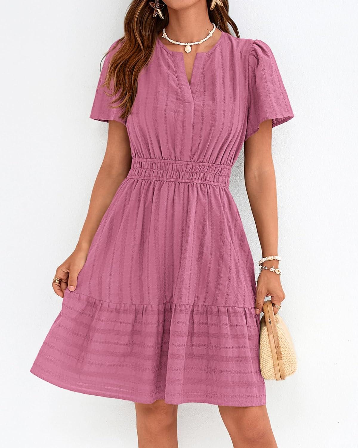 imageBTFBM Womens Spring 2026 Casual Mini Dresses Lightweight Short Sleeve V Neck Elastic Waist Cute Boho Beach Dress PocketsDusty Pink