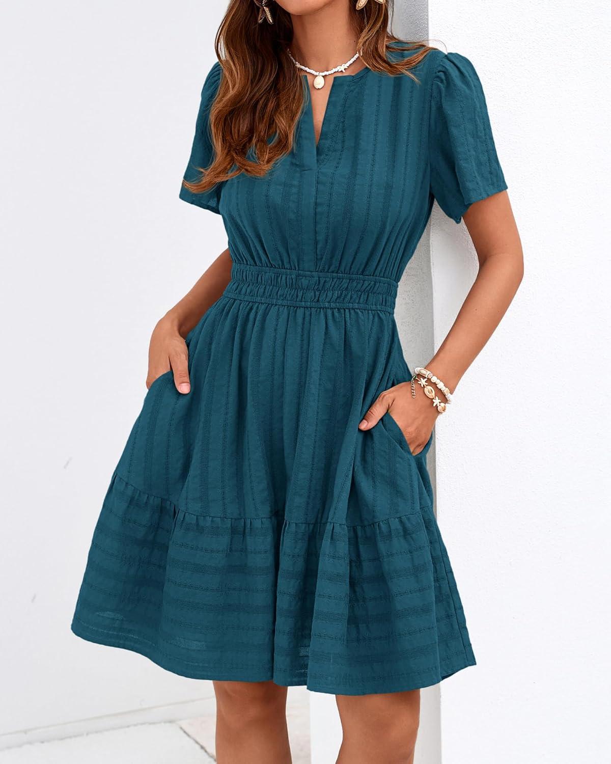 imageBTFBM Womens Spring 2026 Casual Mini Dresses Lightweight Short Sleeve V Neck Elastic Waist Cute Boho Beach Dress PocketsLake Blue