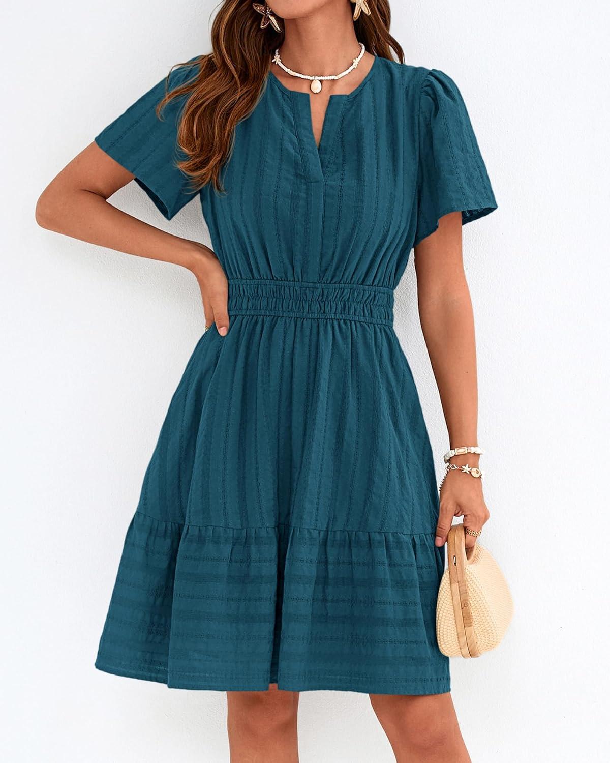 imageBTFBM Womens Spring 2026 Casual Mini Dresses Lightweight Short Sleeve V Neck Elastic Waist Cute Boho Beach Dress PocketsLake Blue