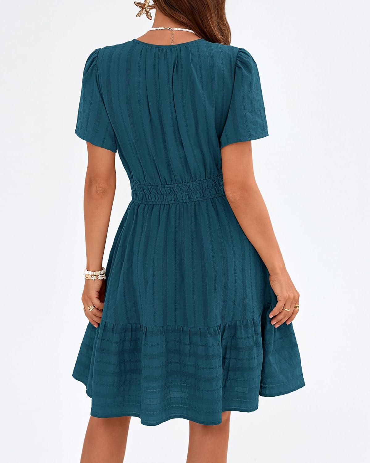 imageBTFBM Womens Spring 2026 Casual Mini Dresses Lightweight Short Sleeve V Neck Elastic Waist Cute Boho Beach Dress PocketsLake Blue