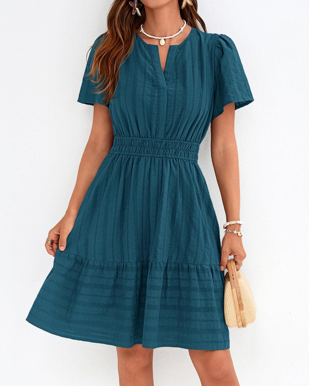 imageBTFBM Womens Spring 2026 Casual Mini Dresses Lightweight Short Sleeve V Neck Elastic Waist Cute Boho Beach Dress PocketsLake Blue
