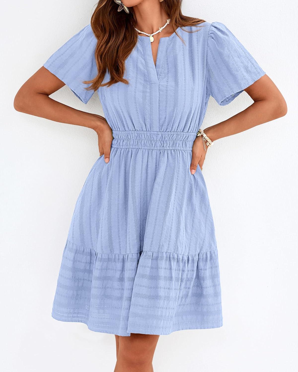 imageBTFBM Womens Spring 2026 Casual Mini Dresses Lightweight Short Sleeve V Neck Elastic Waist Cute Boho Beach Dress PocketsLight Blue