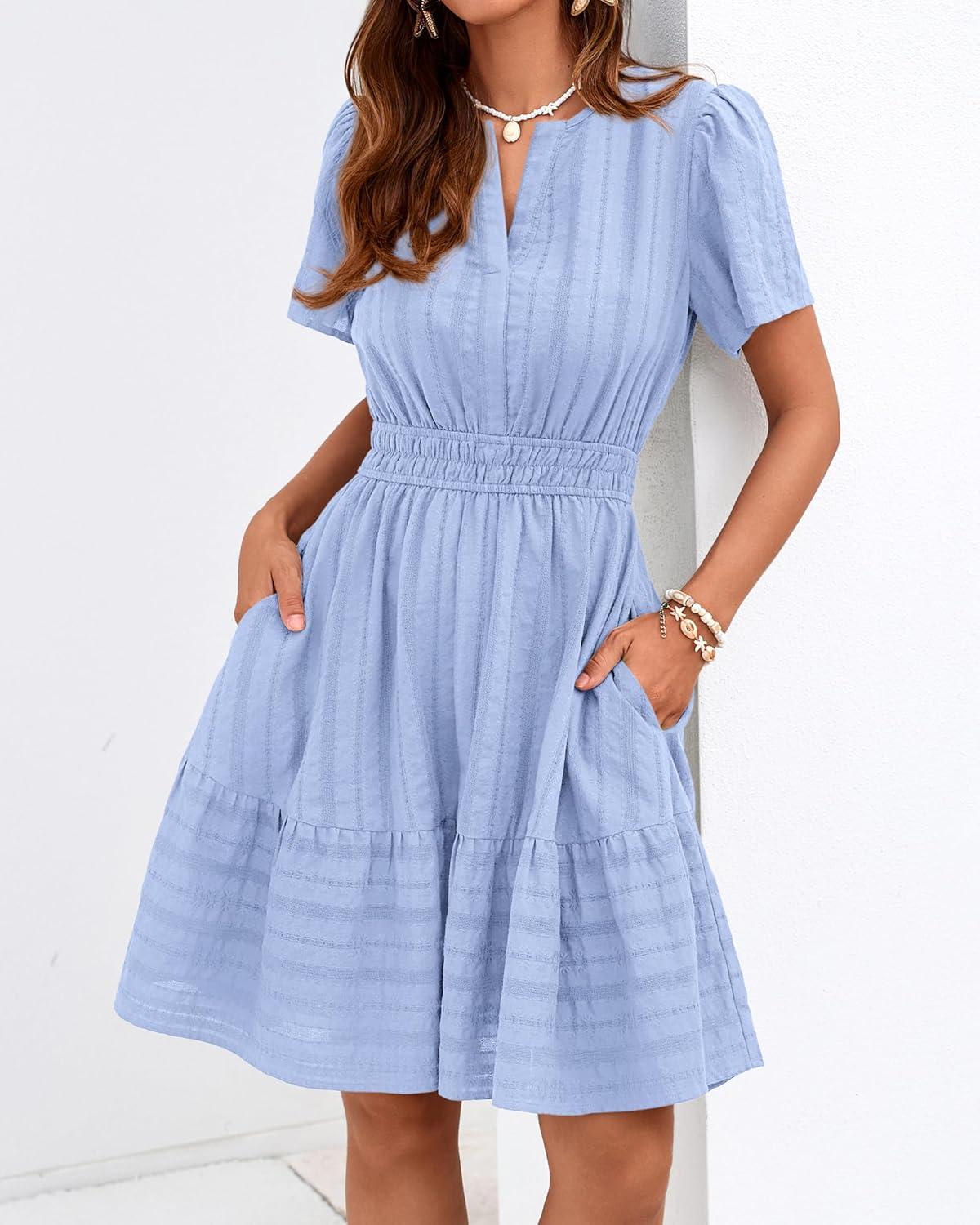 imageBTFBM Womens Spring 2026 Casual Mini Dresses Lightweight Short Sleeve V Neck Elastic Waist Cute Boho Beach Dress PocketsLight Blue