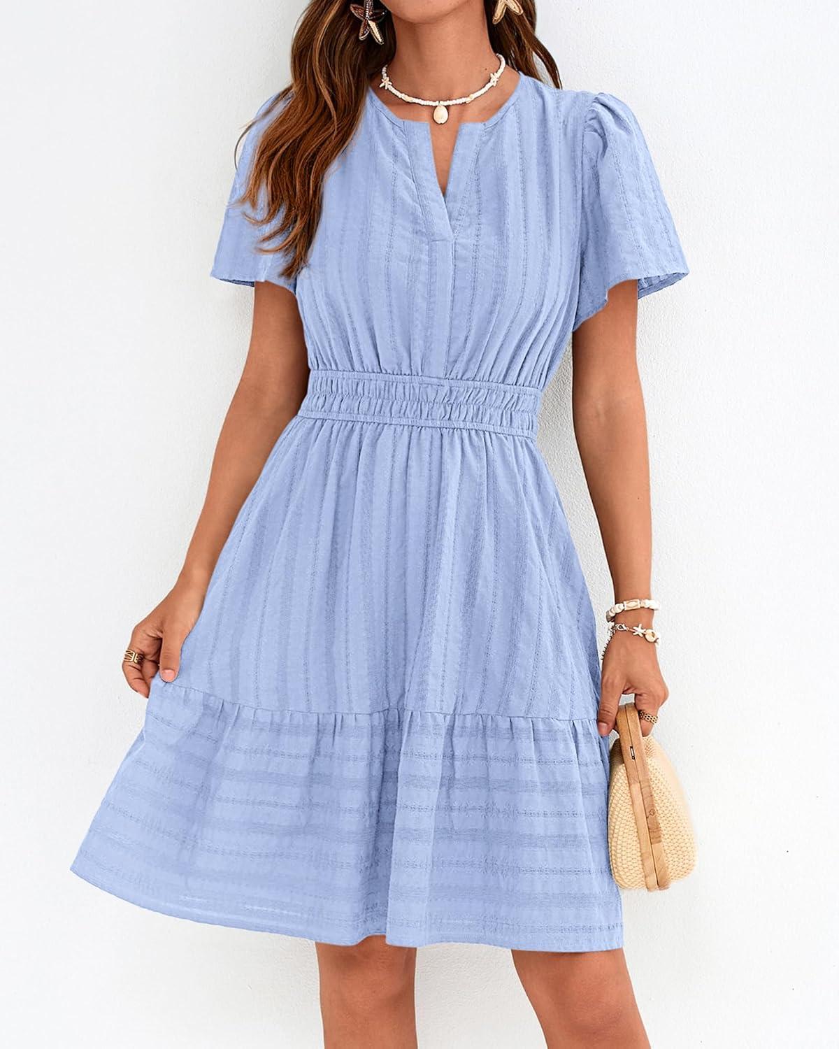 imageBTFBM Womens Spring 2026 Casual Mini Dresses Lightweight Short Sleeve V Neck Elastic Waist Cute Boho Beach Dress PocketsLight Blue