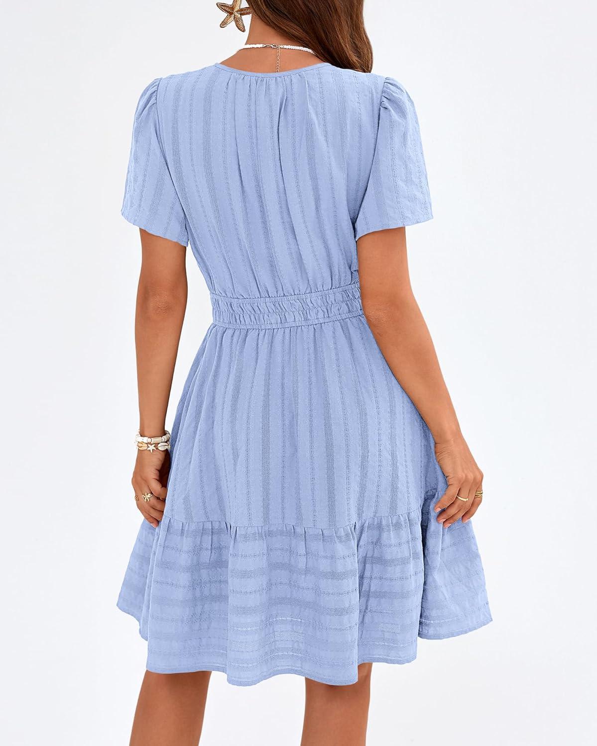 imageBTFBM Womens Spring 2026 Casual Mini Dresses Lightweight Short Sleeve V Neck Elastic Waist Cute Boho Beach Dress PocketsLight Blue