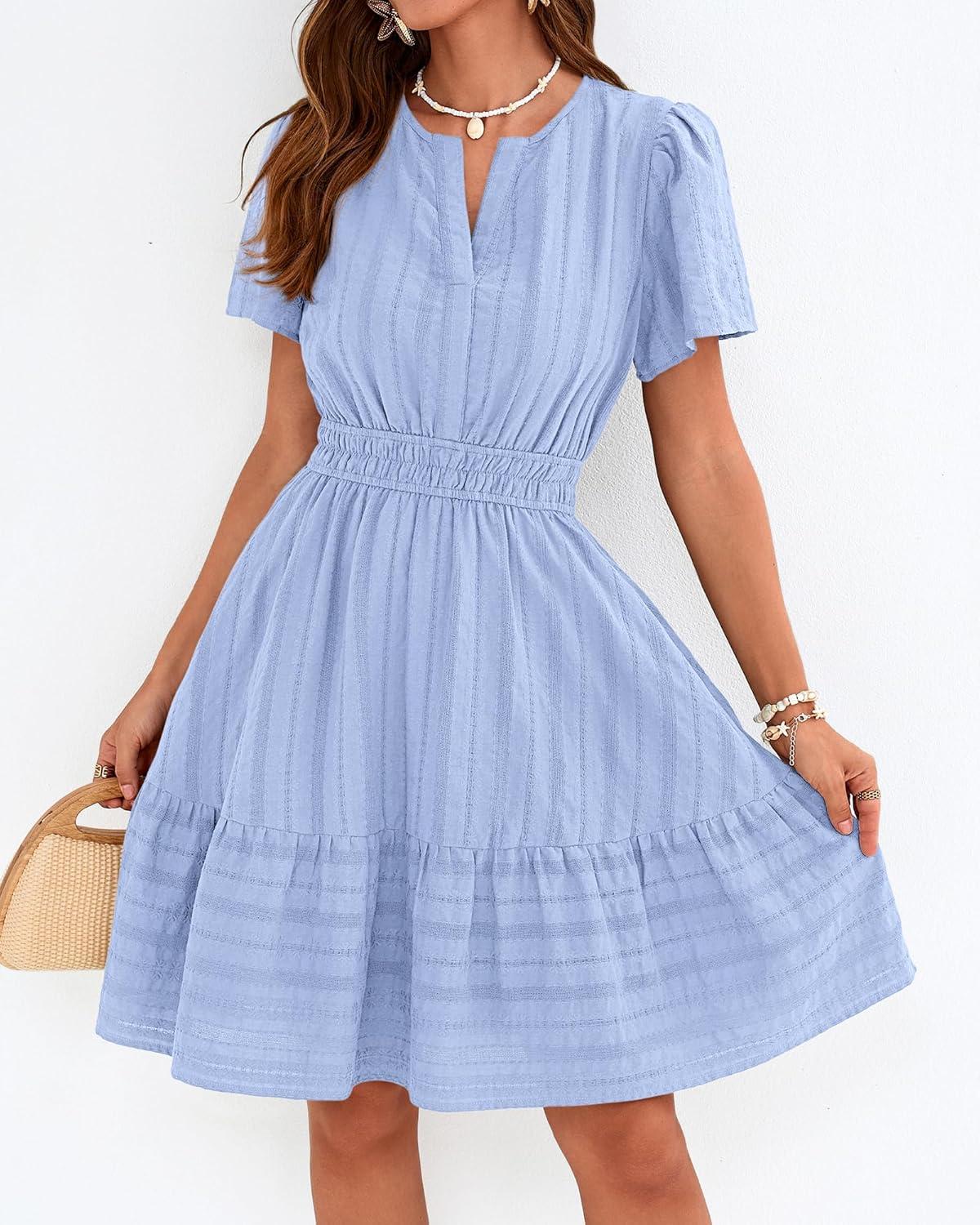 imageBTFBM Womens Spring 2026 Casual Mini Dresses Lightweight Short Sleeve V Neck Elastic Waist Cute Boho Beach Dress PocketsLight Blue