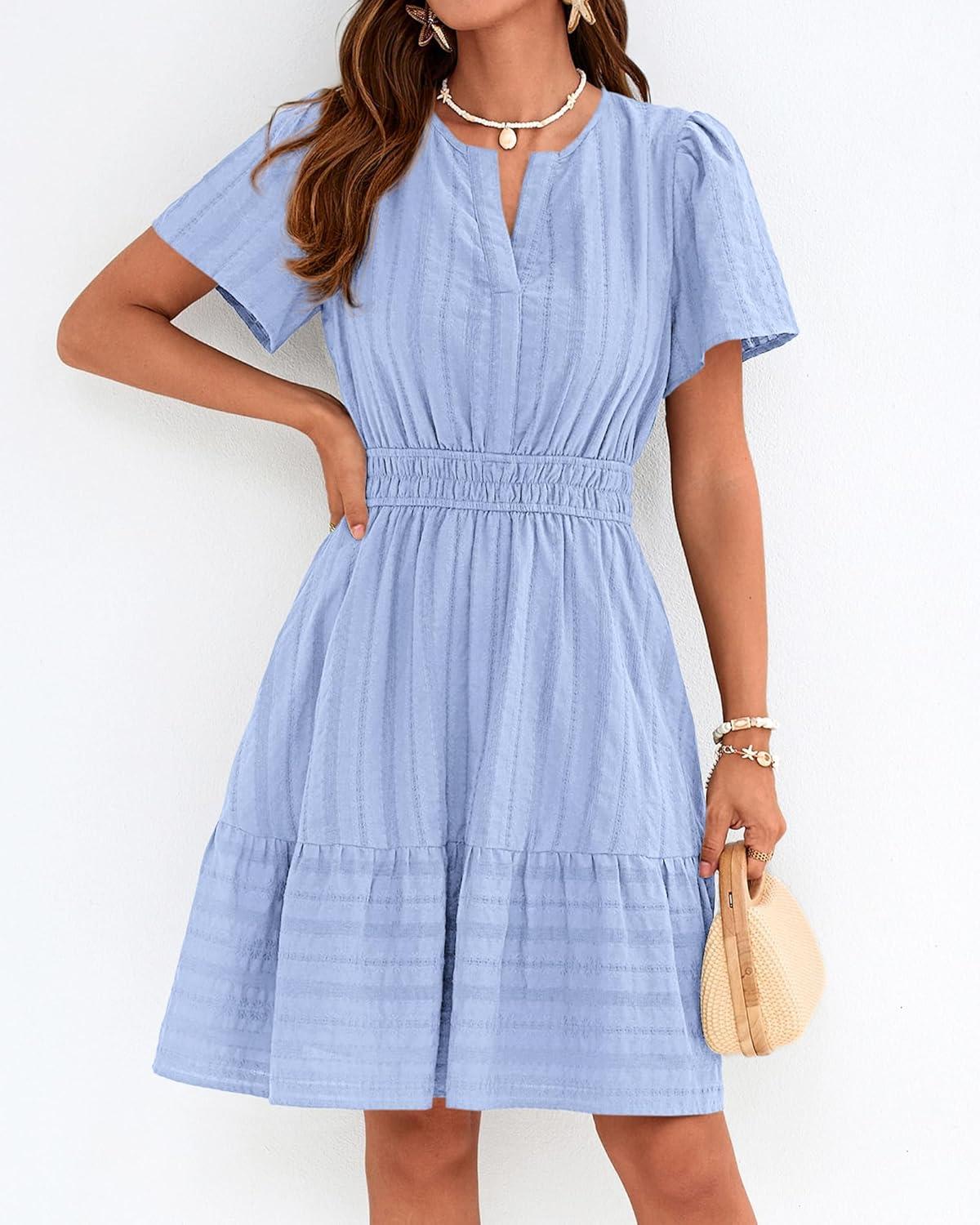 imageBTFBM Womens Spring 2026 Casual Mini Dresses Lightweight Short Sleeve V Neck Elastic Waist Cute Boho Beach Dress PocketsLight Blue