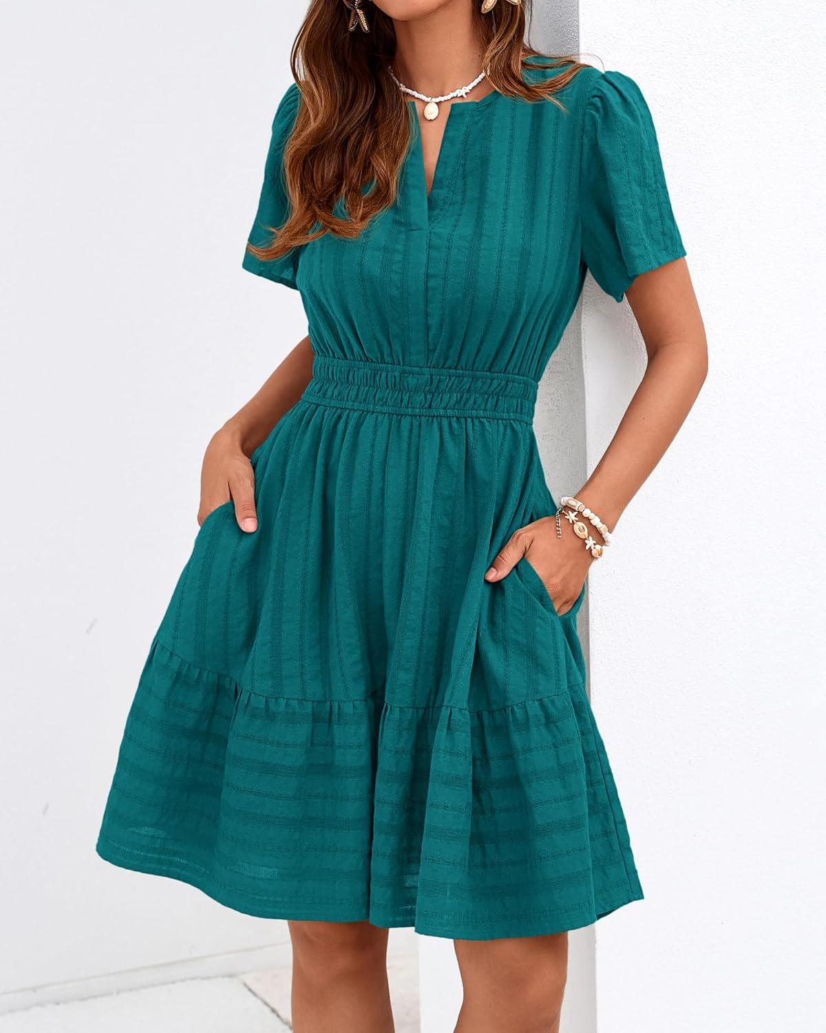 imageBTFBM Womens Spring 2026 Casual Mini Dresses Lightweight Short Sleeve V Neck Elastic Waist Cute Boho Beach Dress PocketsMalachite Green