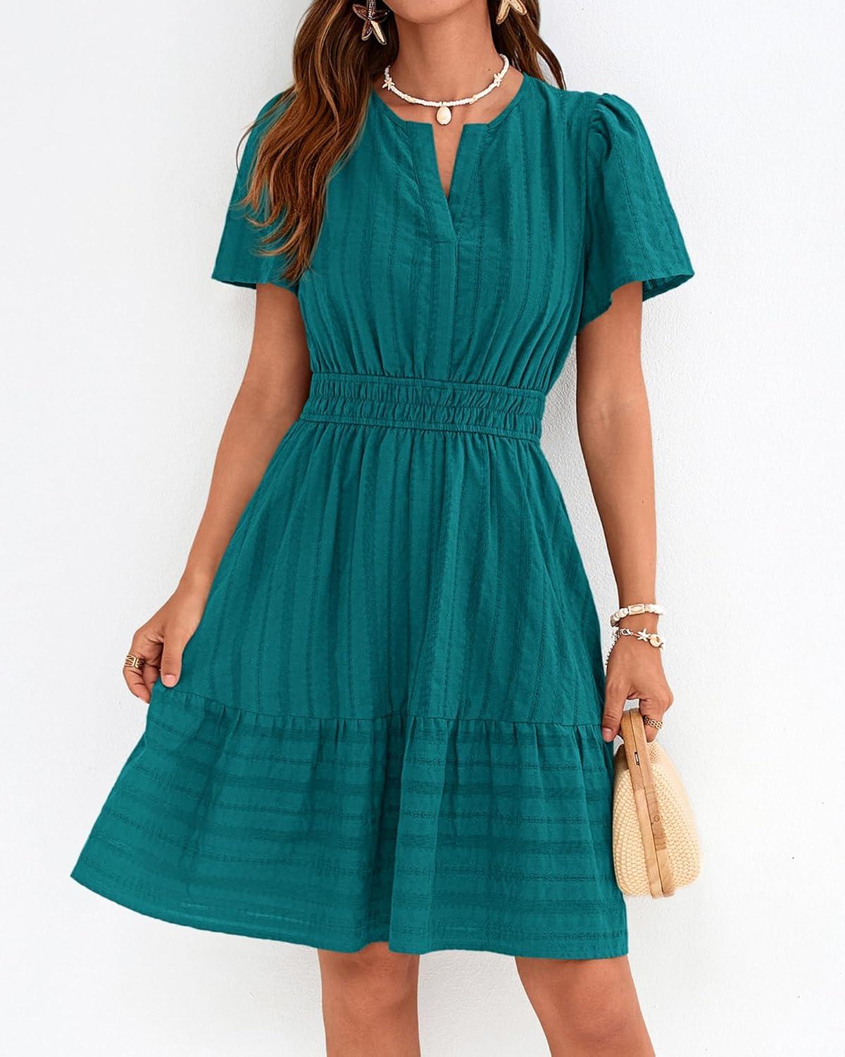 imageBTFBM Womens Spring 2026 Casual Mini Dresses Lightweight Short Sleeve V Neck Elastic Waist Cute Boho Beach Dress PocketsMalachite Green