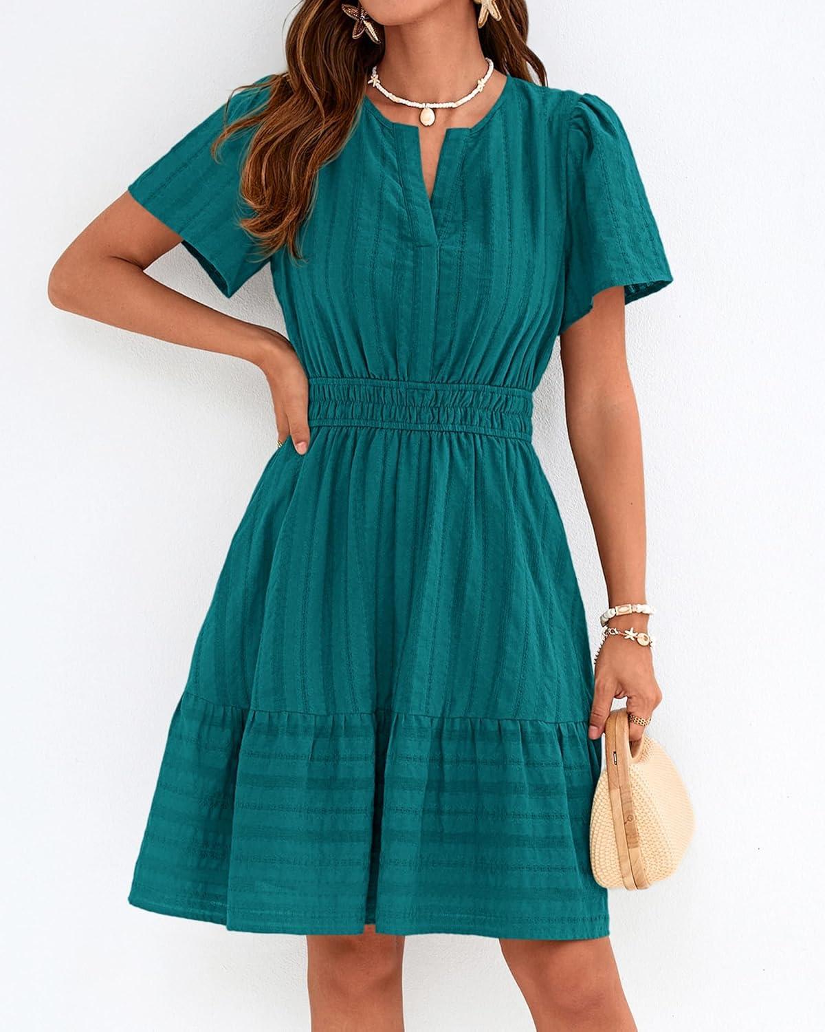 imageBTFBM Womens Spring 2026 Casual Mini Dresses Lightweight Short Sleeve V Neck Elastic Waist Cute Boho Beach Dress PocketsMalachite Green