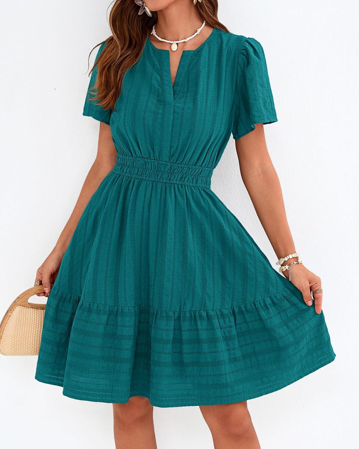imageBTFBM Womens Spring 2026 Casual Mini Dresses Lightweight Short Sleeve V Neck Elastic Waist Cute Boho Beach Dress PocketsMalachite Green