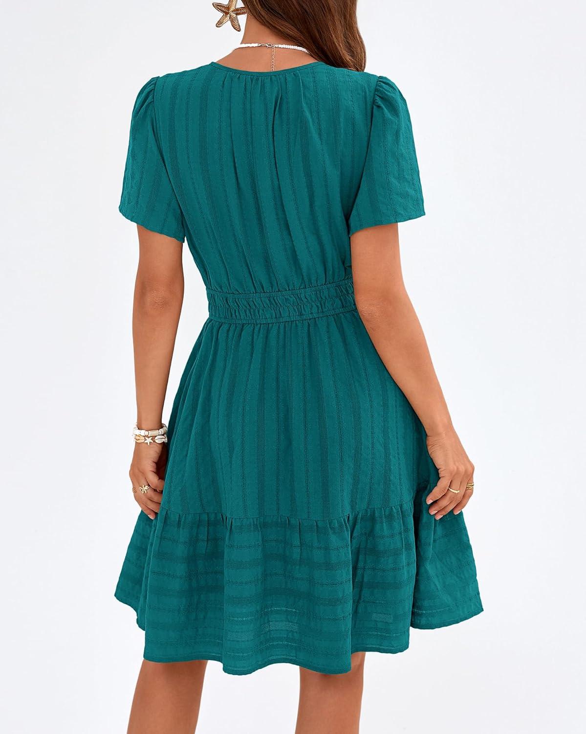 imageBTFBM Womens Spring 2026 Casual Mini Dresses Lightweight Short Sleeve V Neck Elastic Waist Cute Boho Beach Dress PocketsMalachite Green