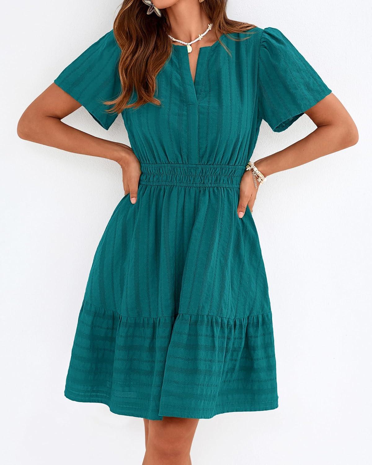 imageBTFBM Womens Spring 2026 Casual Mini Dresses Lightweight Short Sleeve V Neck Elastic Waist Cute Boho Beach Dress PocketsMalachite Green