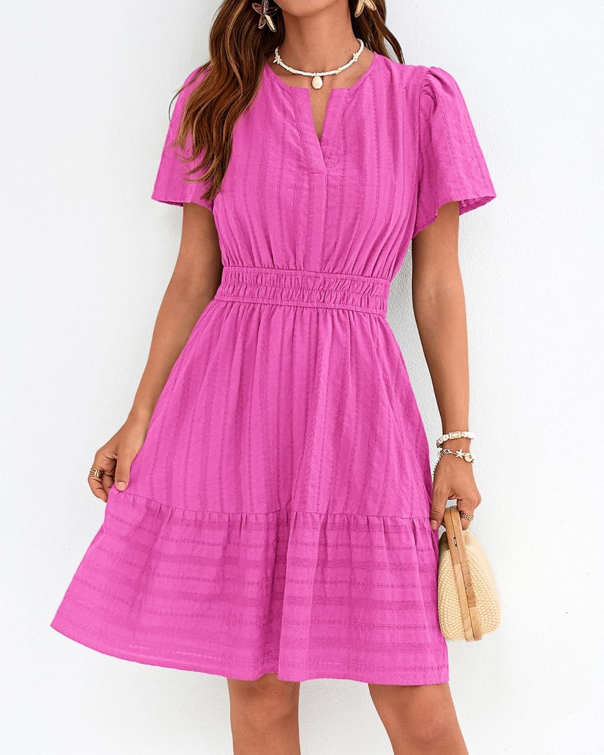imageBTFBM Womens Spring 2026 Casual Mini Dresses Lightweight Short Sleeve V Neck Elastic Waist Cute Boho Beach Dress PocketsRose Red