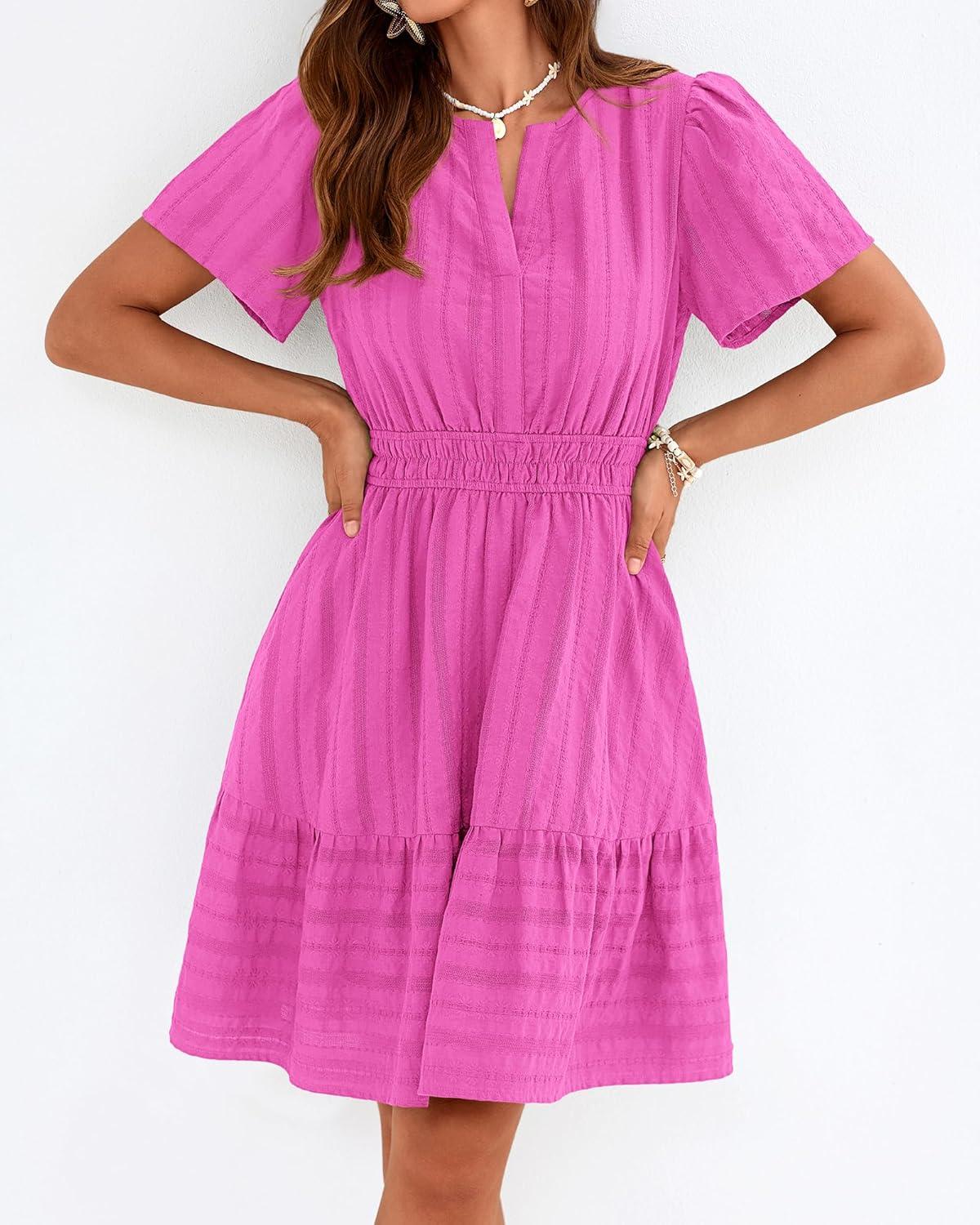 imageBTFBM Womens Spring 2026 Casual Mini Dresses Lightweight Short Sleeve V Neck Elastic Waist Cute Boho Beach Dress PocketsRose Red