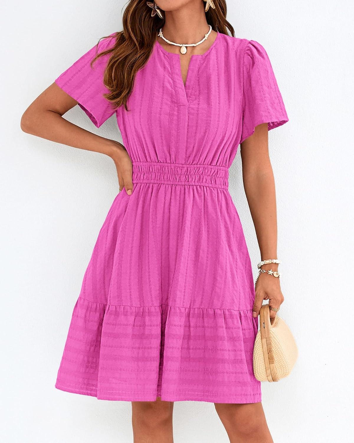 imageBTFBM Womens Spring 2026 Casual Mini Dresses Lightweight Short Sleeve V Neck Elastic Waist Cute Boho Beach Dress PocketsRose Red