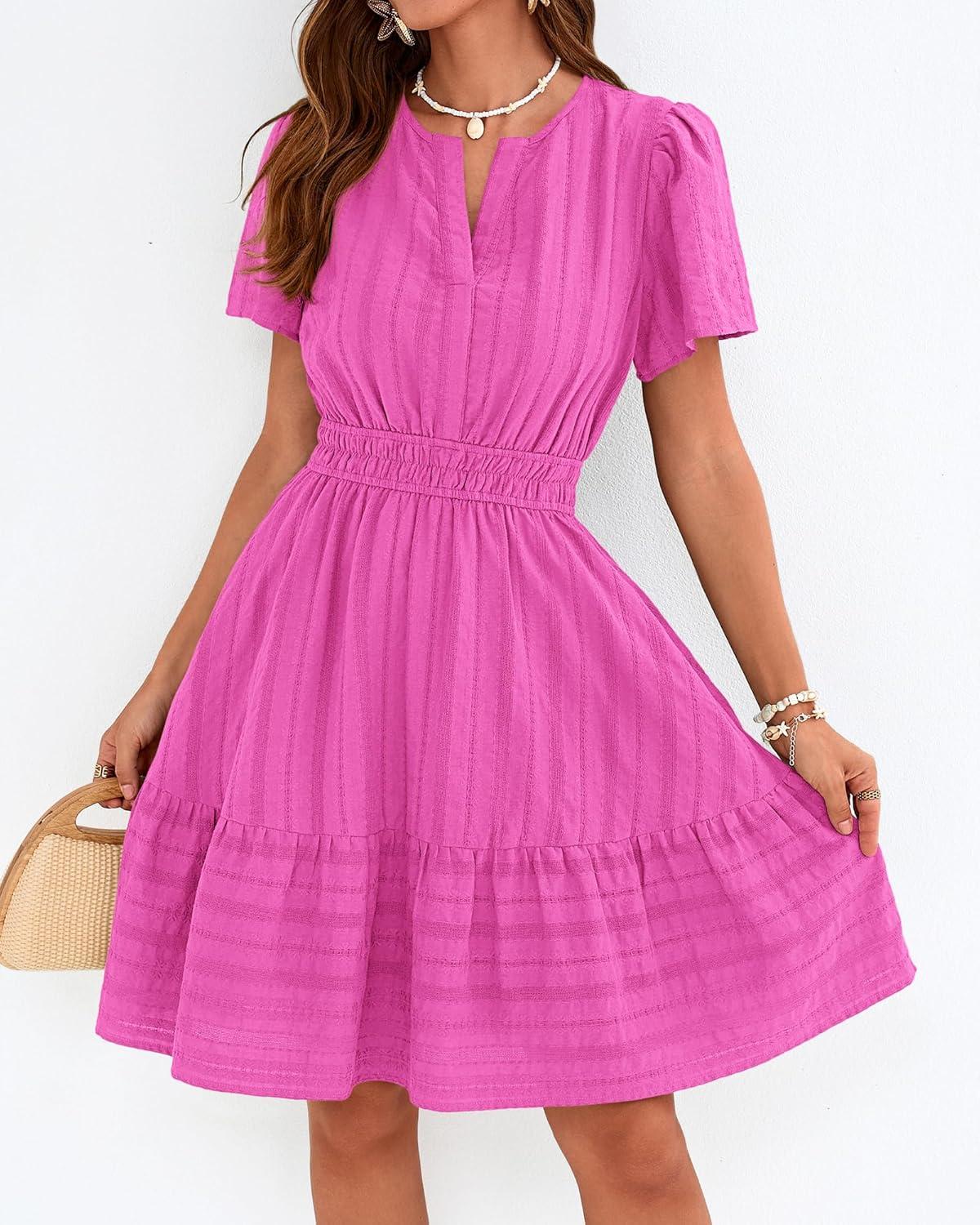 imageBTFBM Womens Spring 2026 Casual Mini Dresses Lightweight Short Sleeve V Neck Elastic Waist Cute Boho Beach Dress PocketsRose Red
