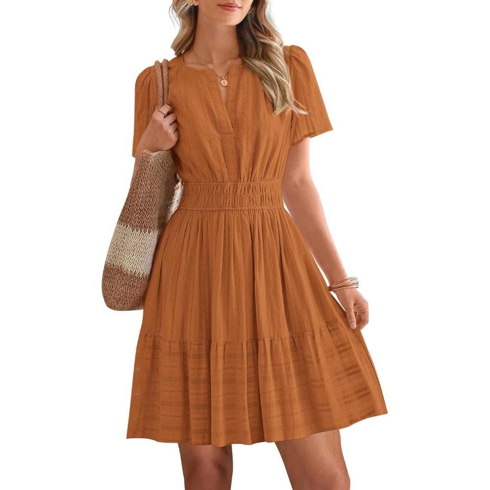 imageBTFBM Womens Spring 2026 Casual Mini Dresses Lightweight Short Sleeve V Neck Elastic Waist Cute Boho Beach Dress PocketsBrown Orange
