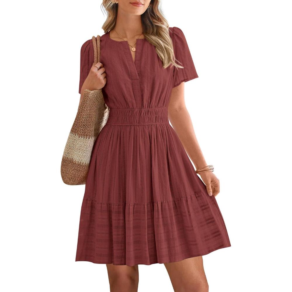 imageBTFBM Womens Spring 2026 Casual Mini Dresses Lightweight Short Sleeve V Neck Elastic Waist Cute Boho Beach Dress PocketsBrown Red