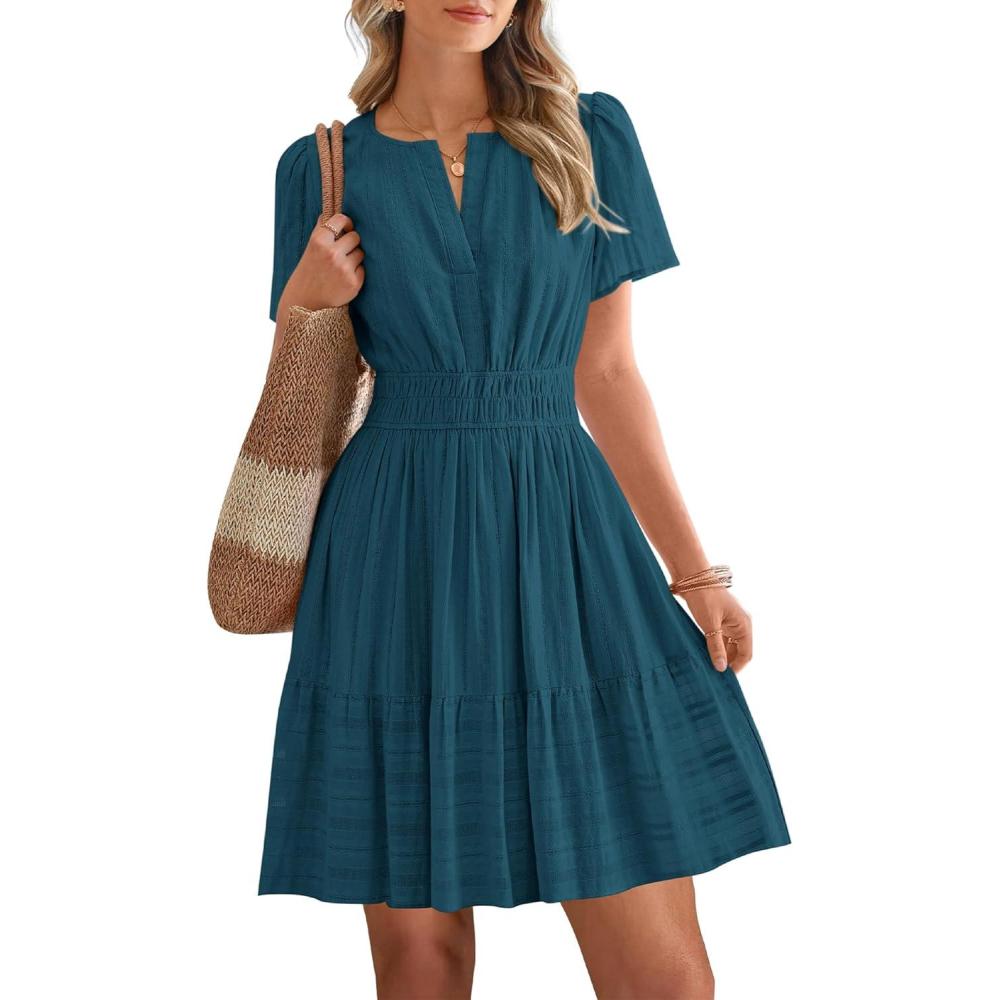 imageBTFBM Womens Spring 2026 Casual Mini Dresses Lightweight Short Sleeve V Neck Elastic Waist Cute Boho Beach Dress PocketsLake Blue