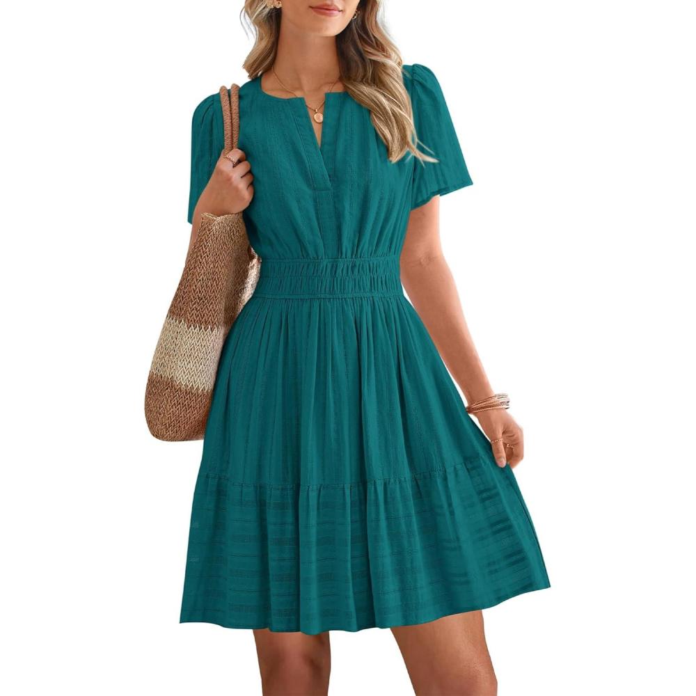 imageBTFBM Womens Spring 2026 Casual Mini Dresses Lightweight Short Sleeve V Neck Elastic Waist Cute Boho Beach Dress PocketsMalachite Green