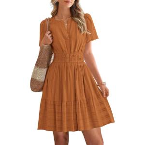 BTFBM Womens Spring 2026 Casual Mini Dresses Lightweight Short Sleeve V Neck Elastic Waist Cute Boho Beach Dress Pockets(Brown Orange)