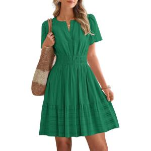 BTFBM Womens Spring 2026 Casual Mini Dresses Lightweight Short Sleeve V Neck Elastic Waist Cute Boho Beach Dress Pockets(Dark Green)