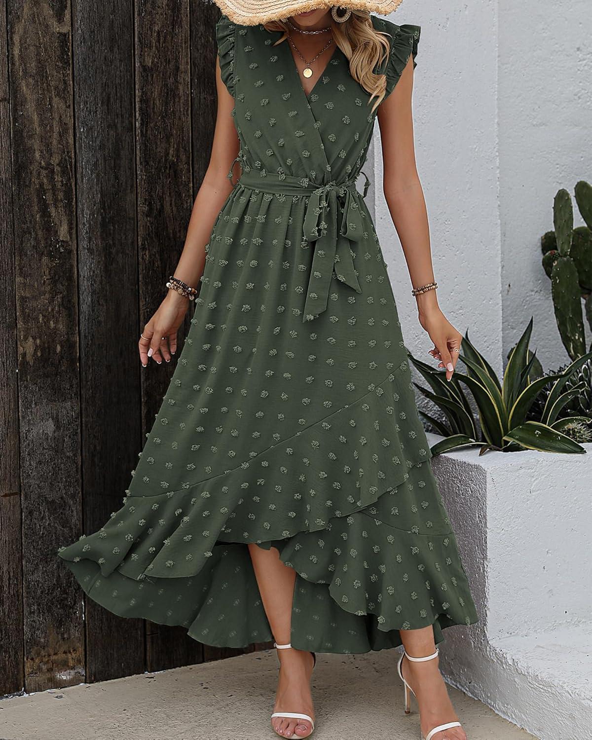 imageBTFBM Boho Dresses for Women 2026 Summer Fashion Cap Sleeve Swiss Dot Flowy Ruffle Beach Wedding Cocktail Maxi DressArmy Green