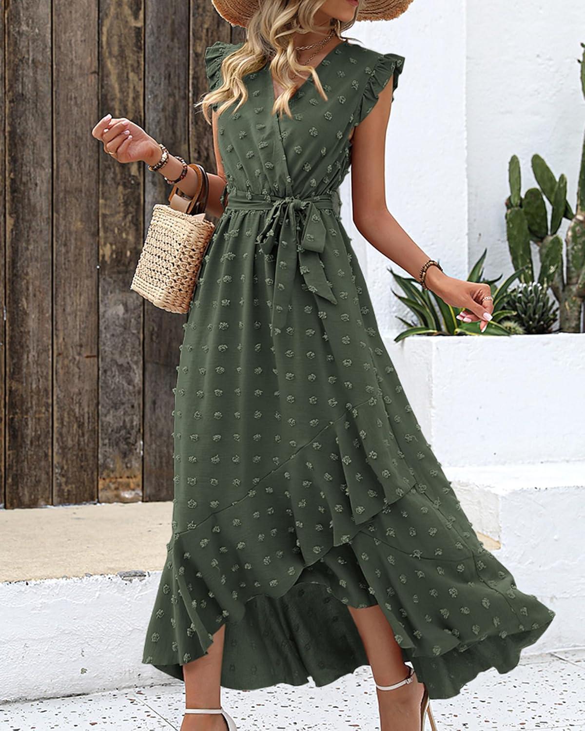 imageBTFBM Boho Dresses for Women 2026 Summer Fashion Cap Sleeve Swiss Dot Flowy Ruffle Beach Wedding Cocktail Maxi DressArmy Green