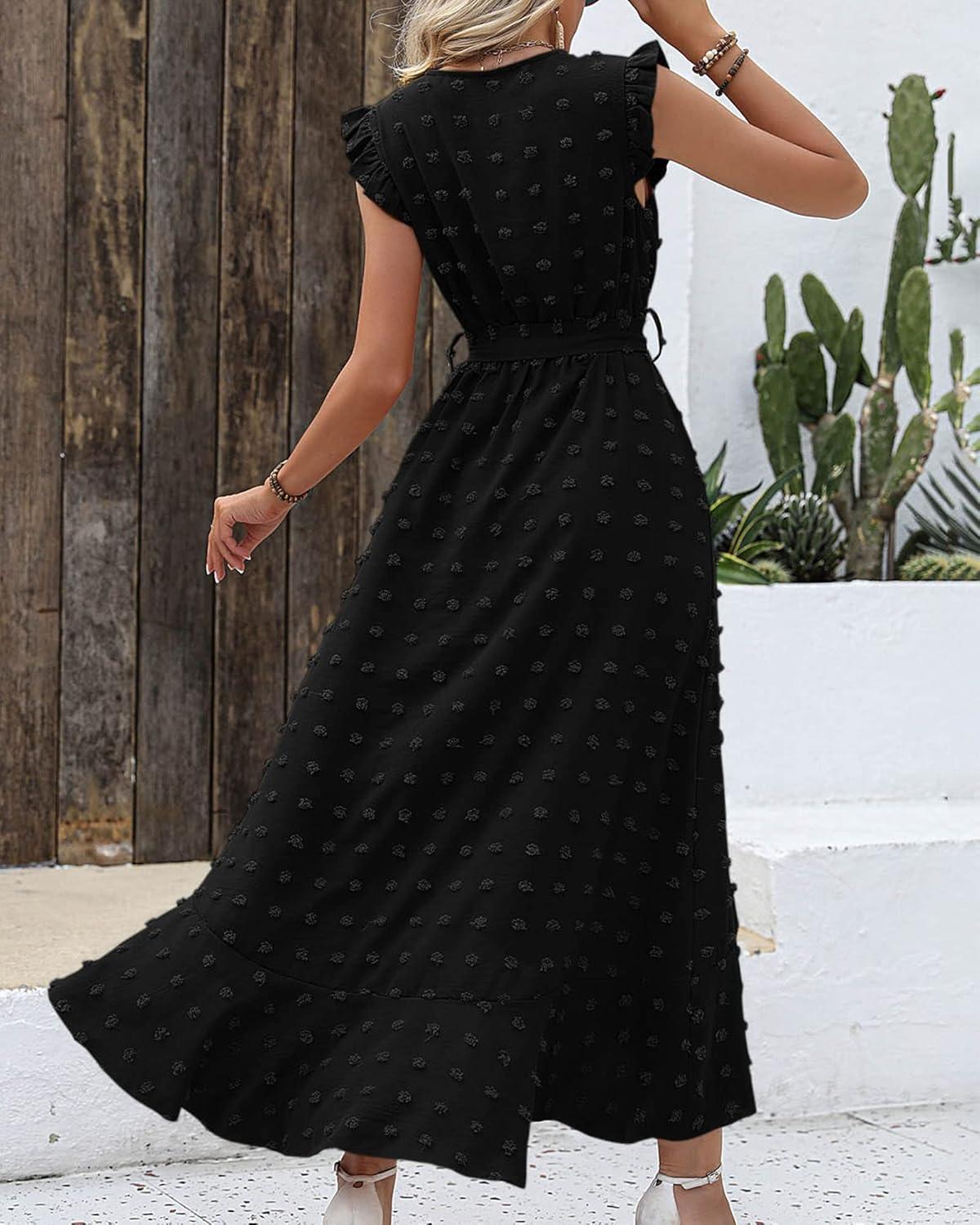 imageBTFBM Boho Dresses for Women 2026 Summer Fashion Cap Sleeve Swiss Dot Flowy Ruffle Beach Wedding Cocktail Maxi DressBlack