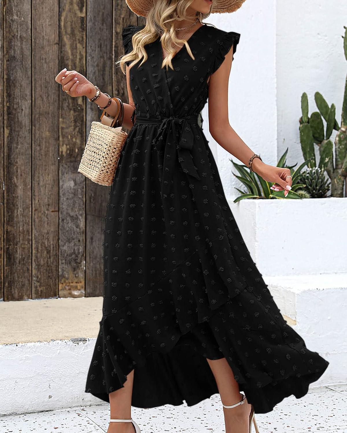 imageBTFBM Boho Dresses for Women 2026 Summer Fashion Cap Sleeve Swiss Dot Flowy Ruffle Beach Wedding Cocktail Maxi DressBlack