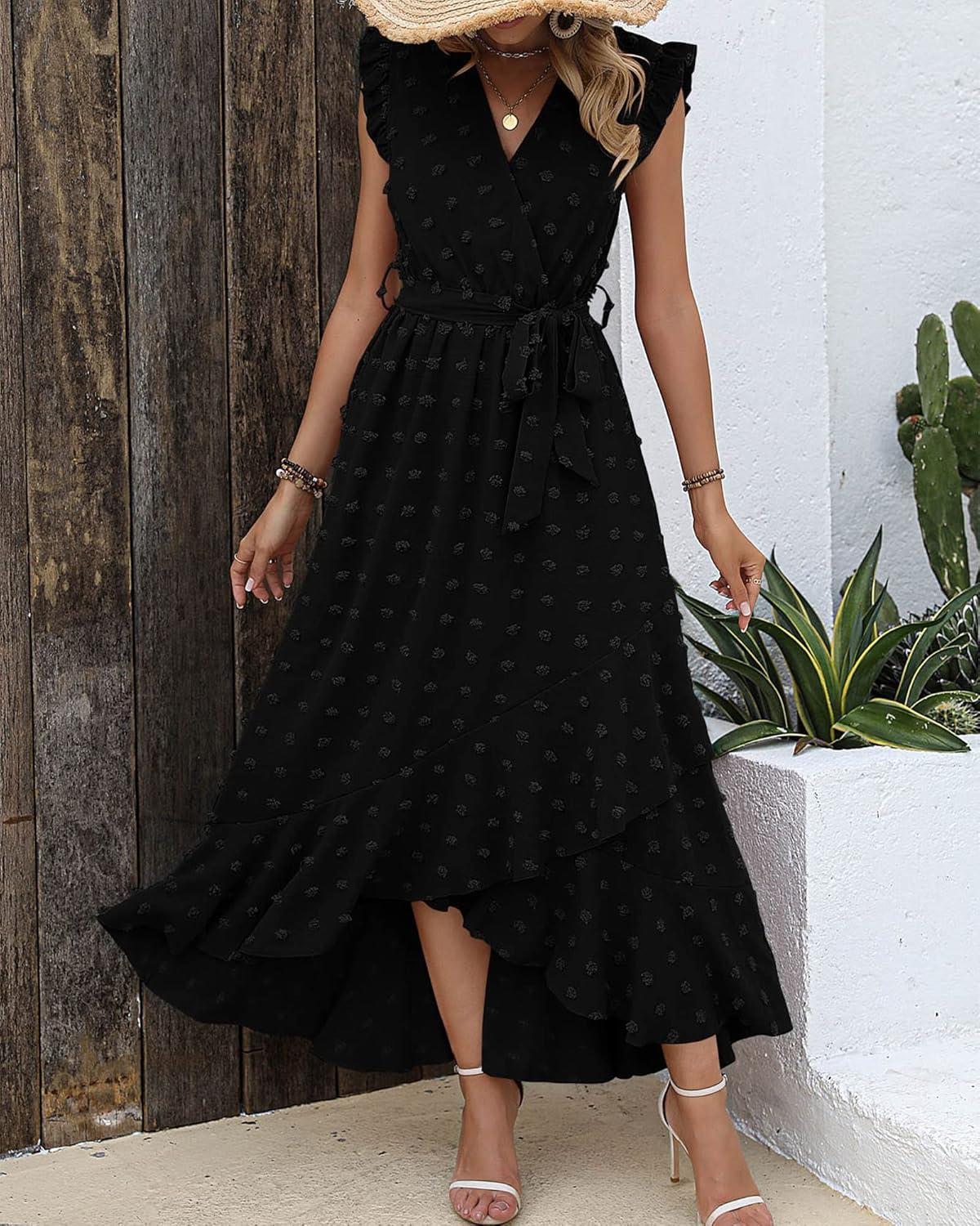 imageBTFBM Boho Dresses for Women 2026 Summer Fashion Cap Sleeve Swiss Dot Flowy Ruffle Beach Wedding Cocktail Maxi DressBlack