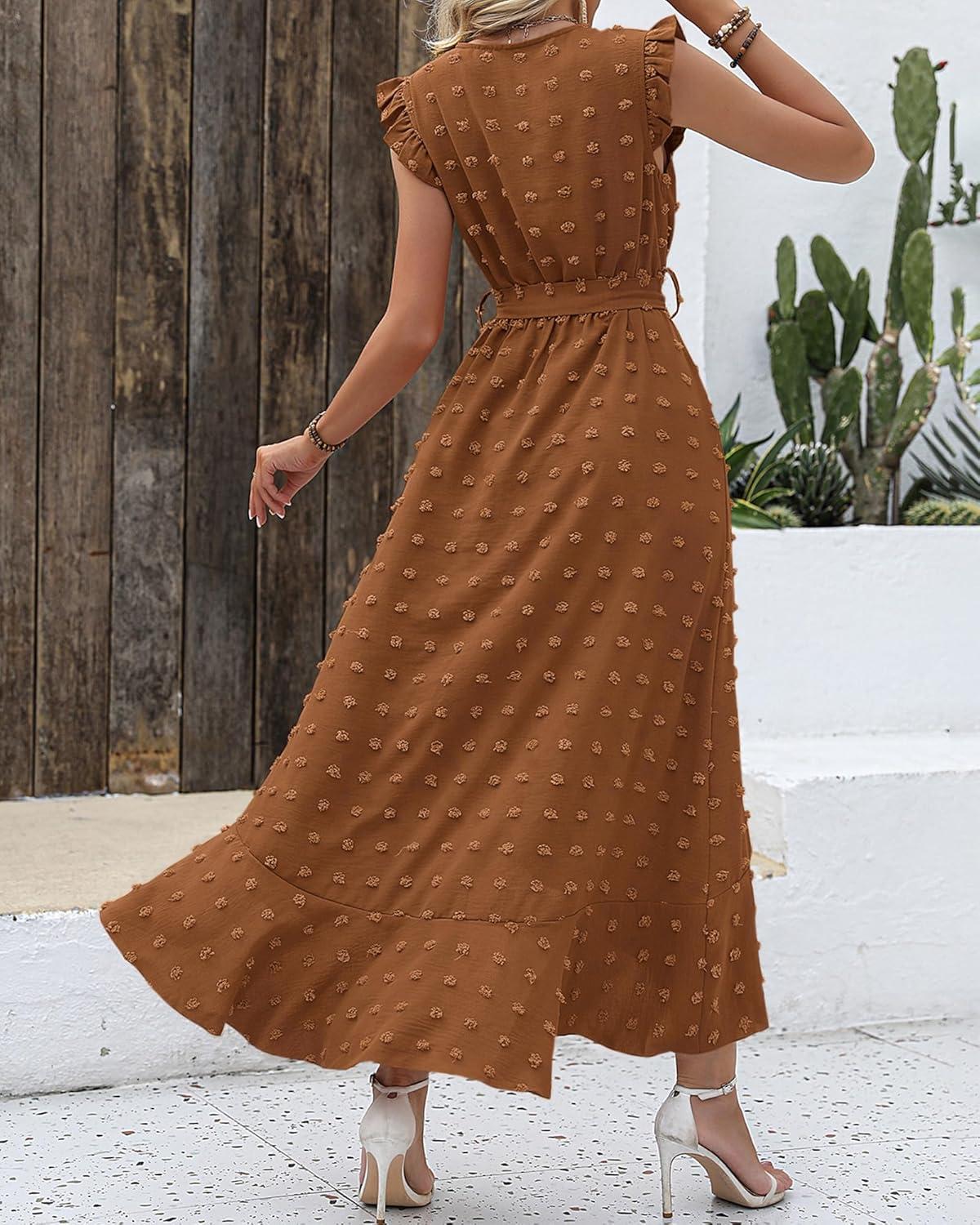 imageBTFBM Boho Dresses for Women 2026 Summer Fashion Cap Sleeve Swiss Dot Flowy Ruffle Beach Wedding Cocktail Maxi DressBrown