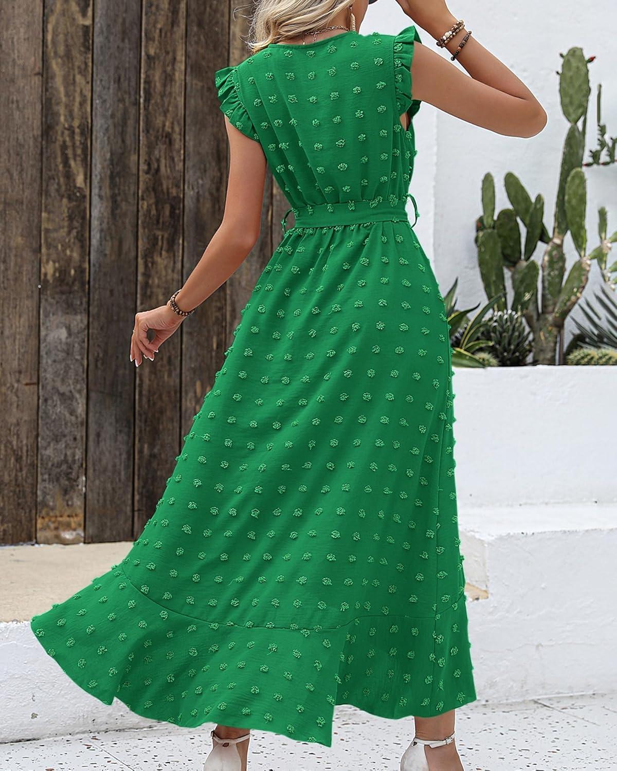 imageBTFBM Boho Dresses for Women 2026 Summer Fashion Cap Sleeve Swiss Dot Flowy Ruffle Beach Wedding Cocktail Maxi DressGreen