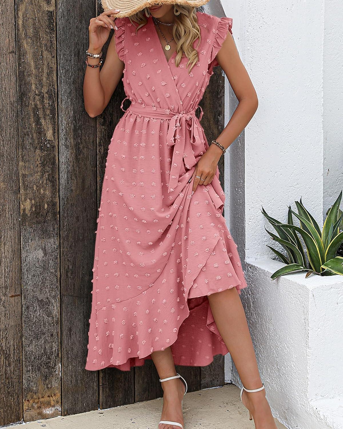 imageBTFBM Boho Dresses for Women 2026 Summer Fashion Cap Sleeve Swiss Dot Flowy Ruffle Beach Wedding Cocktail Maxi DressLight Pink