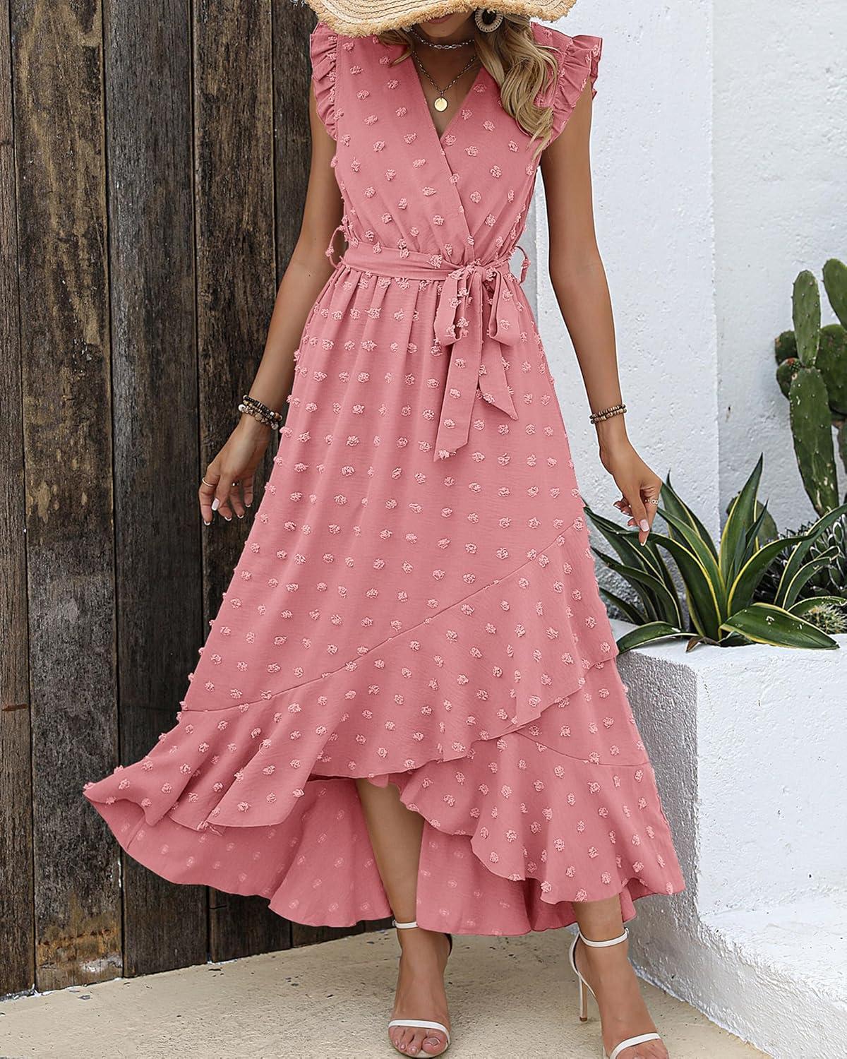 imageBTFBM Boho Dresses for Women 2026 Summer Fashion Cap Sleeve Swiss Dot Flowy Ruffle Beach Wedding Cocktail Maxi DressLight Pink